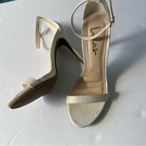 Lulus Loveliness Cream/Gold Reptile Ankle Strap Heels Size 7 - NWOT